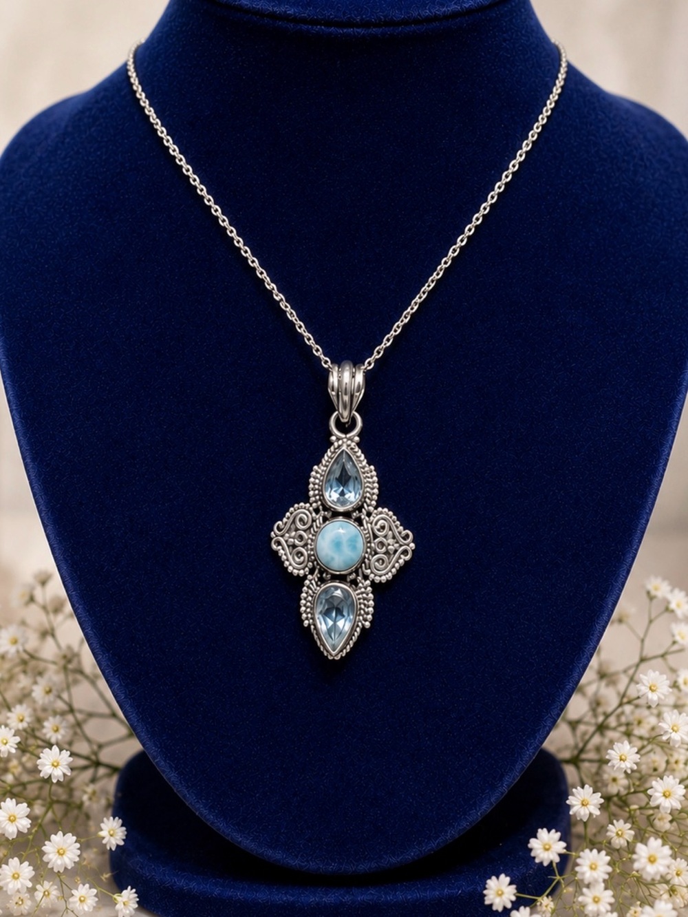 🤩Necklace 925 Sterling Silver Genuine Larimar and Aquamarine Gemstones 16” Chain